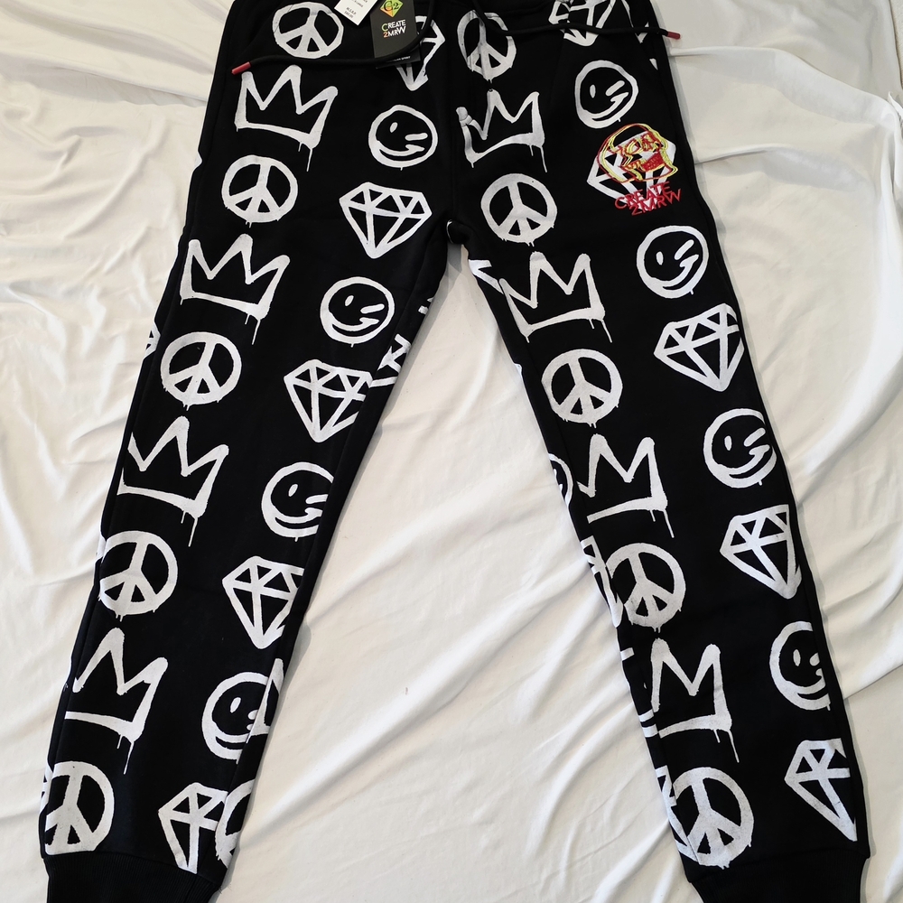 Graphic Black Joggers with White Symbols